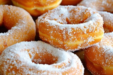 Sweet donuts dusted with powdered sugar arranged on a dark plate ready for dessert lovers to enjoy at a cozy cafe