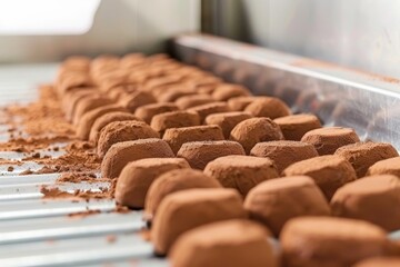 Chocolate truffles coated in cocoa powder arranged on a silver foil surface with cocoa powder scattered around