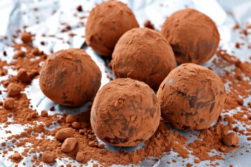 Chocolate truffles coated in cocoa powder arranged on a silver foil surface with cocoa powder scattered around