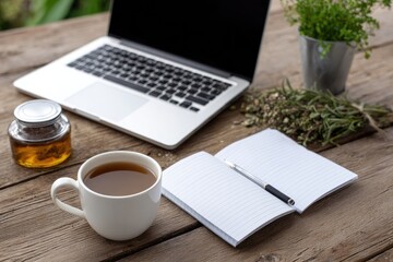 Workstation with laptop and tea