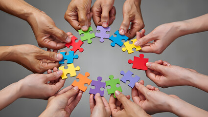 Photo of diverse hands connecting colorful puzzle pieces in a circle