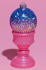 Rhinestone Christmas ornament blue pink iridescent ball vintage glass disco pedestal pop art decor product photography retail e-commerce social media holiday influencer trendy y2k modern 80s mockup 