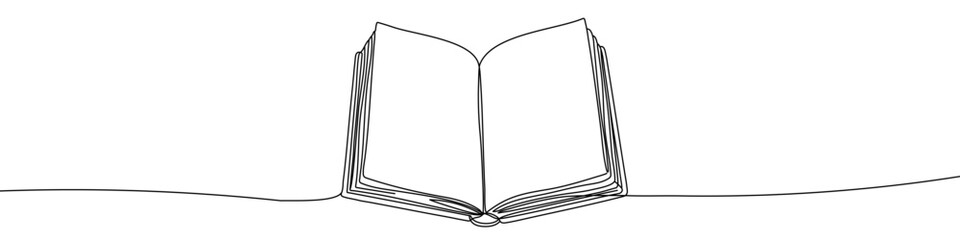 Black book in one line art style. Book drawing with editable stroke on white background. Vector illustration.