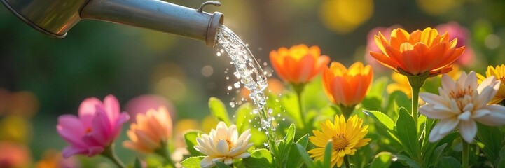 Sunlight Drenches Vibrant Spring Flowers as Water Gently Flows from a Watering Can