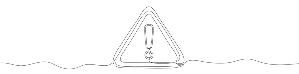 Fototapeta na wymiar Exclamation mark in triangle in one line art style. Exclamation mark drawing with editable black stroke on white background. Vector illustration.