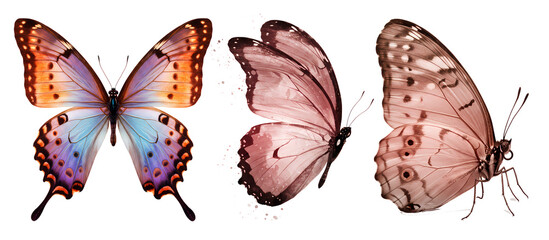 Three butterflies with different wing patterns and colors arranged in a horizontal composition view on transparent background