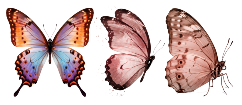 Three butterflies with different wing patterns and colors arranged in a horizontal composition view on transparent background