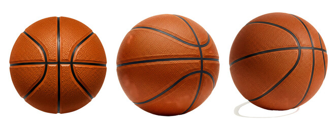 Three orange basketballs displayed side by side against a neutral plain setting in a studio shot on transparent background