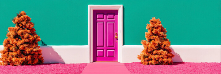 Bold colorful entrance fuchsia pink door teal wall orange topiary modern home feature magazine cover editorial design architecture contemporary real estate trend urban minimal style creative mockup