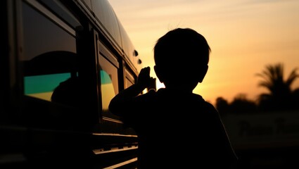 Silhouette of a child against sunset by a bus, capturing moments of childhood and adventure