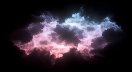 A pink purple gold nebula sparkles in the darkness of space