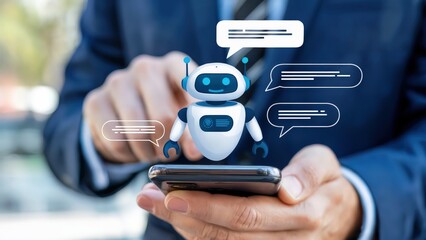 A businessman uses a smartphone to interact with a cute chatbot for customer service and AI assistance, highlighting mobile technology and communication innovations.