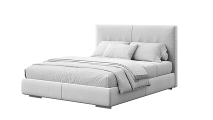 Modern double bed with bedding on transparent background. Furniture for mockups, presentations, and marketing materials.