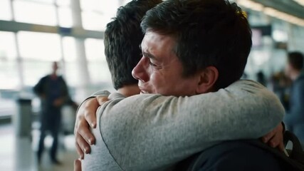 Emotional reunion at the airport, a heartwarming hug between two men, a moment of love and