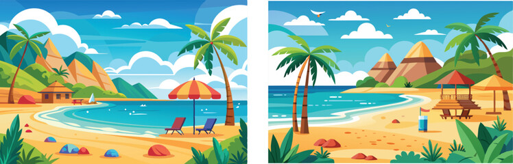 Vibrant Vector Illustration of Tropical Beachscapes with Palm Trees and Mountains