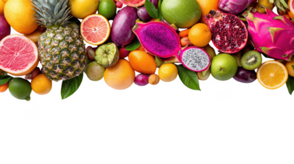 Healthy Mixed Colorful Tropical Fruit Pile Horizontal on Transparent Background