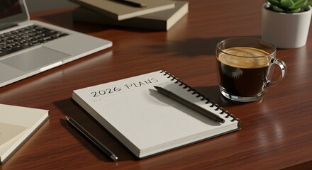 Organized desk with &ldquo;2026 plans&rdquo; notebook and coffee