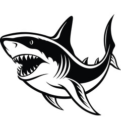 Aggressive great white shark open mouth teeth fins silhouette