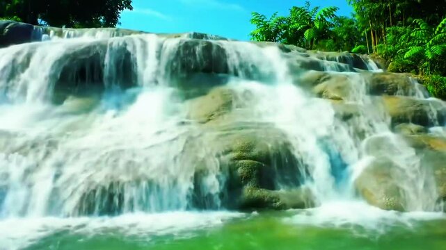 Sebuah air terjun kaskade tropis cinematic 4K realistik, air hijau bening jatuh berlapis di tebing berbatu halus, menimbulkan percikan halus dan kabut tipis, disiram cahaya tengah hari tajam dari atas