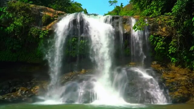 Air terjun tropis lembah tersembunyi cinematic 4K realistik, air berwarna emerald mengalir deras, cipratan menciptakan kabut halus di sekitarnya, cahaya sore hangat menyinari tebing tinggi