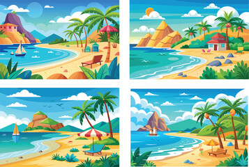 A Collection of Colorful Cartoon Tropical Beach Vacation Getaway Scenery