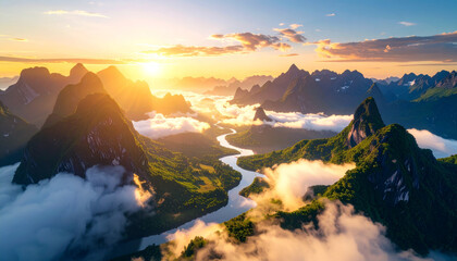 A surreal photo. Floating mountains, sea, clouds, illuminated sunset, glowing river running, air, ultra-realistic textures, cinematic lighting, unseen fantasy landscape, stock-ready, commercial use.