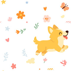 Seamless pattern with funny cartoon corgis dogs. Great for fabric, textile