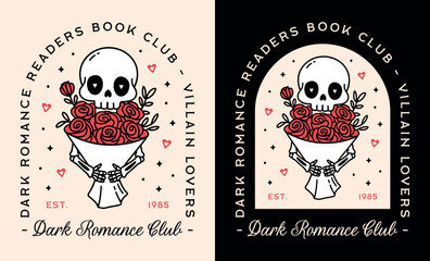 Dark romance book club villain lovers reader skeleton holding a red rose bouquet romantasy illustration. Romantic gothic aesthetic printable poster logo girl reading squad group badge shirt design.