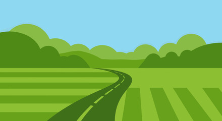 Obraz premium Serpentine Road Through Green Fields and Rolling Hills Landscape