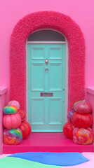 Pastel teal front door pink fuzzy arch rainbow pumpkins fun entryway modern exterior influencer Halloween decor social media fall creative home design trendy colorful y2k mockup crazy bold maximalist 