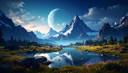 Hyper-detailed photo of translucent crystal mountains reflecting moonlight in a dreamlike alien valley, soft mist, never-before-seen concept, ideal for fantasy book covers or sci-fi campaigns.