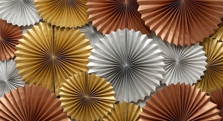 Paper fan decorations in metallic tones