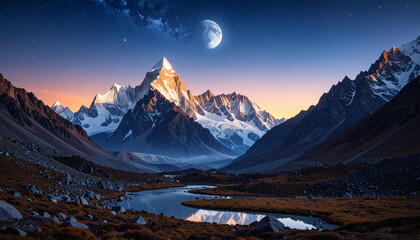 Hyper-detailed photo of translucent crystal mountains reflecting moonlight in a dreamlike alien valley, soft mist, never-before-seen concept, ideal for fantasy book covers or sci-fi campaigns.