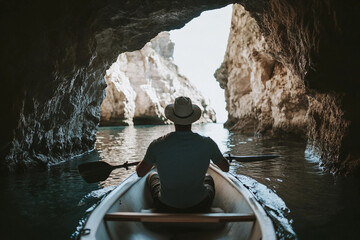 Generative AI image of smiling man on active summer trip wearing trekking gear and backpack while camping and hiking in green forest nature