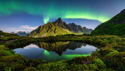 An ultra-realistic surreal landscape.Spiral-shaped mountains covered in bioluminescent moss, aurora sky, calm lake reflection, mystical atmosphere, unique nature concept not seen on any stock platform