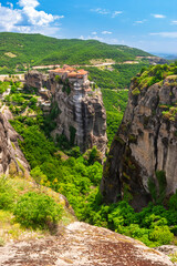 Ancient Greek monastery dramatically perched on cliffs in Meteora Greece