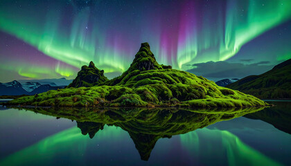 An ultra-realistic surreal landscape.Spiral-shaped mountains covered in bioluminescent moss, aurora sky, calm lake reflection, mystical atmosphere, unique nature concept not seen on any stock platform