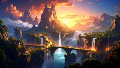 A floating mountain range connected by glowing bridges made of light, with waterfalls cascading into the sky, golden hour lighting, unique concept art style, ready for commercial, unseen scene.