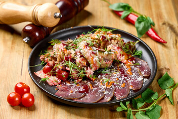 Dried Lamb Salad with Raspberry-Chili Sauce and Herbs