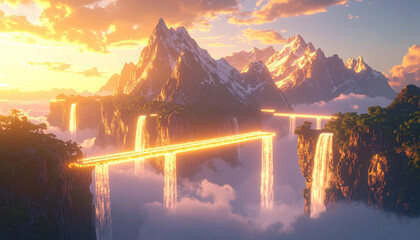 A floating mountain range connected by glowing bridges made of light, with waterfalls cascading into the sky, golden hour lighting, unique concept art style, ready for commercial, unseen scene.