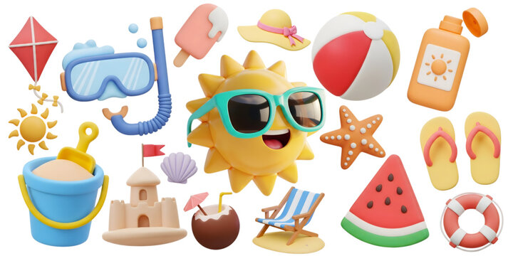 3d summer objects png element set on transparent background	
