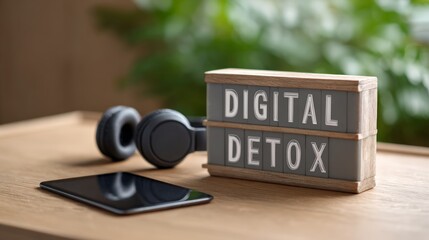 Lightbox with text digital detox, headphones and tablet are laying on a wooden table suggesting a break from electronic devices and social media