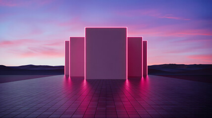 Geometric neon-lit structures in surreal desert landscape at dusk with glowing reflections
