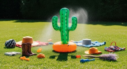 Refreshing Inflatable Cactus Sprinkler Creates Playful Summer Fun on a Lush Green Lawn, Surrounded by Essential Outdoor Leisure Accessories for Sunny Day Enjoyment.