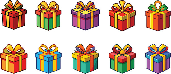 A collection of colorful gift boxes arranged in two neat horizontal rows