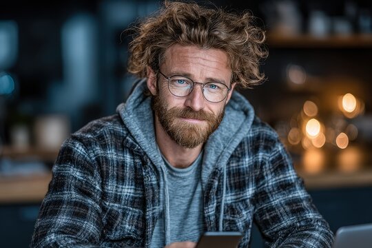 A young man with a beard and glasses sitting at a table, focused on using a budgeting app on his laptop. He is wearing a blue shirt and appears to be concentrating on his work.
