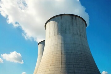 Industrial Cooling Tower Emitting Vapor on a Sunny Day Efficient Heat Dissipation and Energy Efficiency in Manufacturing