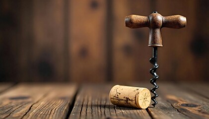 Classic Waiters Corkscrew Rustic Wooden Background, Ready to Uncork Fine Wine.  Perfect for Wine-Related Projects, Websites, and Advertising.
