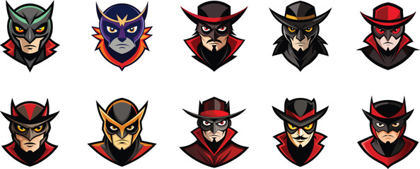 Collection of masked superhero or villain character heads in varied styles
