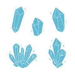 Set of magic crystals, mystical quartz, diamond, ice, and flat-style gems. An element of magic, predictions, and Halloween